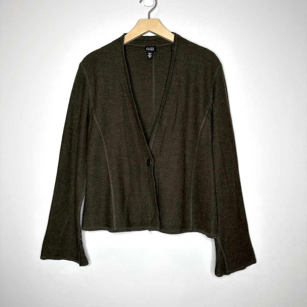 Eileen Fisher Green one Button Cardigan sweater